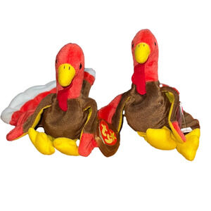 Vintage Colorful TY Beanie Gobbles Turkey Plush Toys PAIR